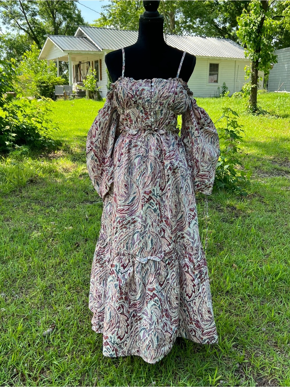 NWT House of Harlow 1960 Teresa Purple Paisley Maxi Dress Boho Puff Sleeve Sz M